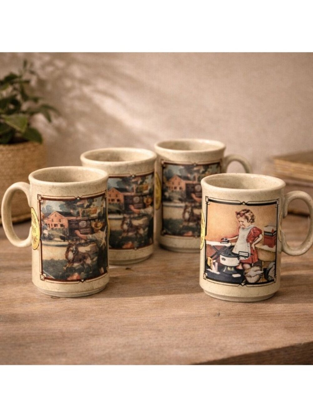 Watkins Almanac 1916 Calendar 1939 Vintage Norman Rockwell Ceramic Mugs Set of 4